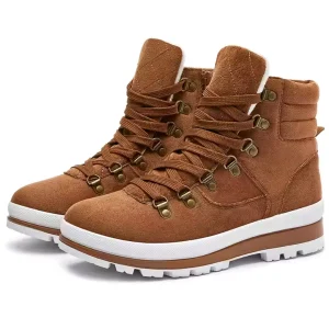 High-top women’s suede hiking boots with zippers, warm lining, and white rubber soles, available for OEM & ODM customization. Made in PRC.