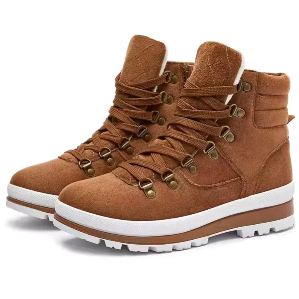 High-top women’s suede hiking boots with zippers, warm lining, and white rubber soles, available for OEM & ODM customization. Made in PRC.