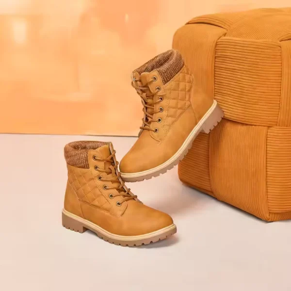 2025 Winter Snow Ankle Boots for men and women, featuring high heels and platforms, are displayed beside a matching corduroy ottoman against a peach background—available for wholesale, OEM, and ODM orders.