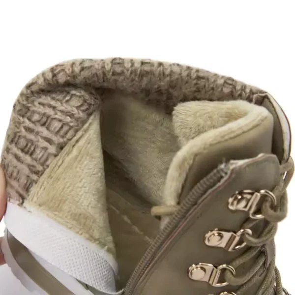 A close-up of the 2025 Lightweight Hiking Boots shows its side unzipped, exposing a thick knit cuff and soft beige faux fur lining—perfect for ladies' fashion winter snow style with platform heels and custom logo options.