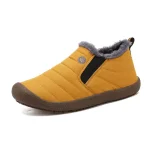 Custom Wholesale Autumn Winter round toe slip-on snow boots with yellow upper, brown textured sole, black elastic side panels, and gray faux fur collar—offered for OEM/ODM customization.