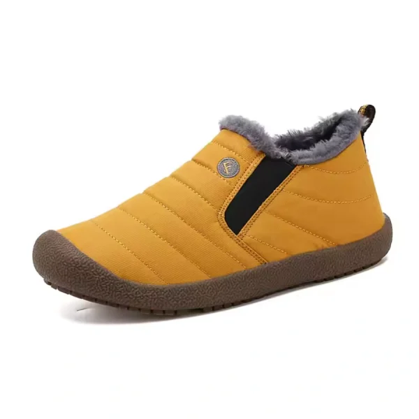 Custom Wholesale Autumn Winter round toe slip-on snow boots with yellow upper, brown textured sole, black elastic side panels, and gray faux fur collar—offered for OEM/ODM customization.