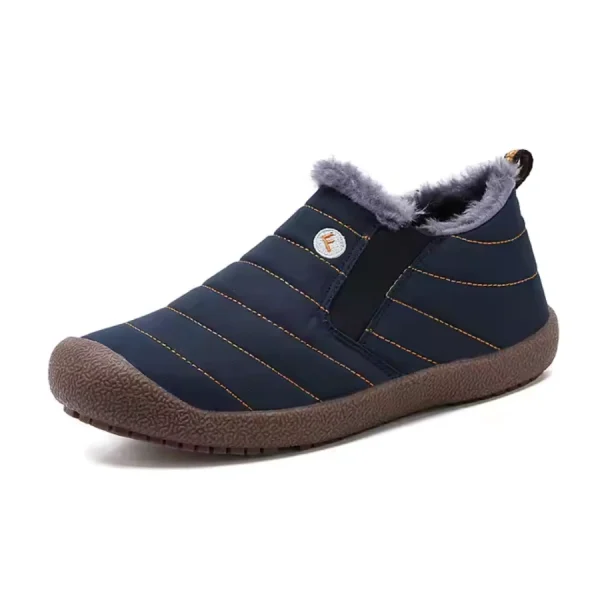A single round toe slip-on snow boot for men and women, navy blue with brown sole, orange stitching, and gray faux fur lining—ideal for OEM/ODM customization. Custom wholesale autumn/winter outdoor plus plush TPR shoe on white background.