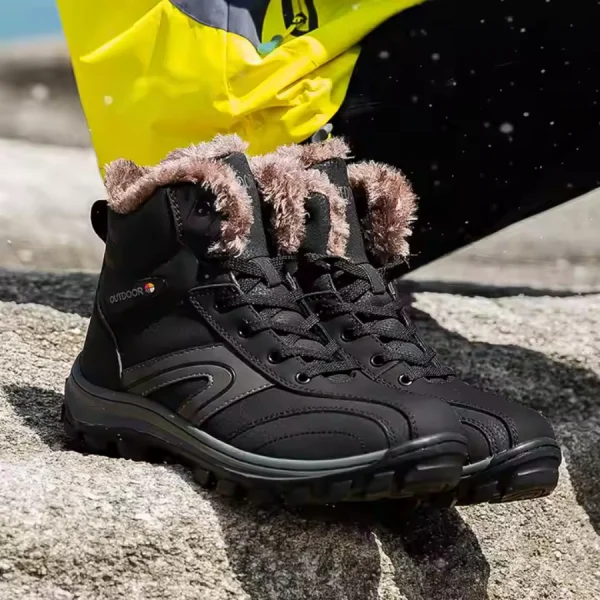 A pair of Factory Warm Anti slip Breathable Snow Boots with wear-resistant rubber, lace-up design, and faux fur lining—ideal for OEM ODM customization.