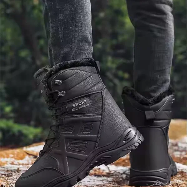 A person wearing Wholesale Customized New Winter Outdoor Laced Large Size Warm Snow Boots High Top Rubber Men's Shoes stands on a leaf-covered forest trail.