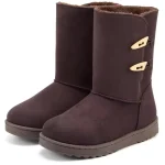 New Fashion Style Platform Snow Waterproof Outdoor Boots for Women—dark brown, mid-calf, faux fur lining, rubber soles, two side wooden toggle fasteners—Warm Winter Shoes Boots 2024; available for OEM/ODM customization.