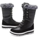 A pair of black and gray Winter Snow Boots Waterproof Outdoor Men's Winter Boots Platform Warm Boots for Men Women with fur lining, lace-up fronts, and thick rubber soles displayed on a white background.