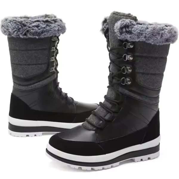 A pair of black and gray Winter Snow Boots Waterproof Outdoor Men's Winter Boots Platform Warm Boots for Men Women with fur lining, lace-up fronts, and thick rubber soles displayed on a white background.