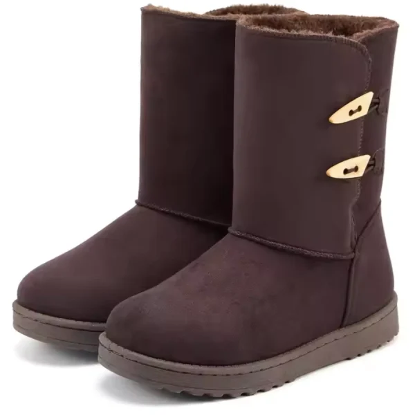 New Fashion Style Platform Snow Waterproof Outdoor Boots for Women—dark brown, mid-calf, faux fur lining, rubber soles, two side wooden toggle fasteners—Warm Winter Shoes Boots 2024; available for OEM/ODM customization.