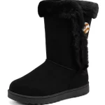 The Wholesale Winter Boots for Women are black, lightweight, waterproof, feature a flat sole, faux fur trim, and a tan decorative button on the upper side; available for OEM/ODM customization.