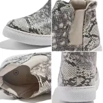 Close-up collage of High Quality Microfiber Material Non-Slip Flat Sole Suede Ankle Snow Boots—with gray and white pattern, white sole, beige elastic side panel, and visible size label inside.