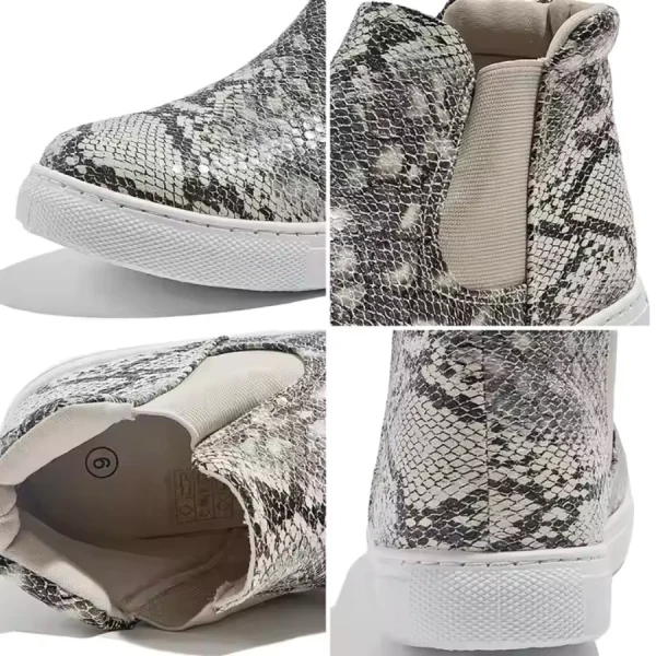 Close-up collage of High Quality Microfiber Material Non-Slip Flat Sole Suede Ankle Snow Boots—with gray and white pattern, white sole, beige elastic side panel, and visible size label inside.