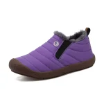 Custom wholesale autumn winter round toe slip-on snow boots with plush lining, textured brown TPR sole, small side logo; available for OEM & ODM customization for men and women.