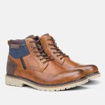 Handmade vintage Roman style men's winter ankle boots in brown leather with blue fabric accents, beige soles, and side zippers—ideal for snow and hiking. OEM/ODM customization available. Perfect for fashionable winter warmth.