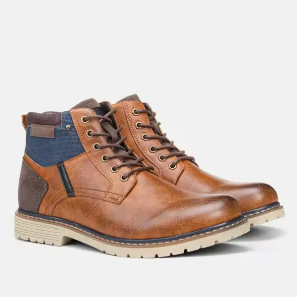 Handmade vintage Roman style men's winter ankle boots in brown leather with blue fabric accents, beige soles, and side zippers—ideal for snow and hiking. OEM/ODM customization available. Perfect for fashionable winter warmth.