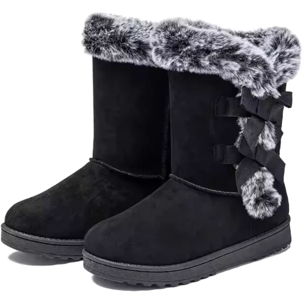 Fashion Walking Style Boots for Women—black winter boots with faux fur trim and side ribbon bows, ideal for OEM or ODM customization. Shown on a white background. Warm outdoor snow boots at low prices, perfect for ladies.