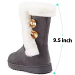 Wholesale Winter Boots for Women: snow waterproof, lightweight, warm, gray with white faux fur lining, two large brown side buttons, 9.5-inch height—available for OEM/ODM customization.