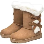 Fashion Walking Style Boots for Women: tan suede winter boots with flat soles, white faux fur lining, decorative side bows; OEM/ODM customization available.