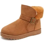 Warm Comfort Suede Boots: women's tan ankle snow boots with buckle strap, faux fur lining, flat PVC sole, and round toe. Ideal for indoor/outdoor wear. OEM/ODM winter style available for custom wholesale orders.