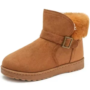 Warm Comfort Suede Boots: women's tan ankle snow boots with buckle strap, faux fur lining, flat PVC sole, and round toe. Ideal for indoor/outdoor wear. OEM/ODM winter style available for custom wholesale orders.