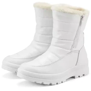 Wholesales Warm Snow OEM Custom Ankle Leather Furry Boots for Women feature white color, side zippers, quilted texture, rugged soles, and faux fur lining—customizable (OEM/ODM) to match your brand’s needs.