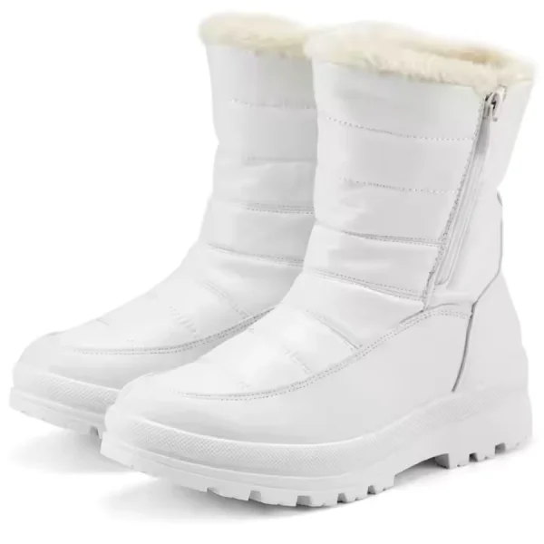 Wholesales Warm Snow OEM Custom Ankle Leather Furry Boots for Women feature white color, side zippers, quilted texture, rugged soles, and faux fur lining—customizable (OEM/ODM) to match your brand’s needs.