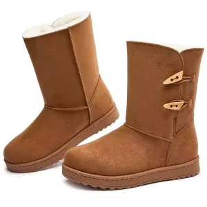 New Fashion Style Platform Snow Waterproof Outdoor Boots for Women feature a warm fleece lining, brown suede finish, flat soles, and two wooden toggle closures—available for OEM/ODM customization.