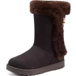 A single black Wholesale Winter Boot for Women with brown fur trim and flat sole, shown on a white background—waterproof, lightweight, warm, ideal for OEM and ODM orders.