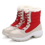 New Arrivals Waterproof Lace Up PU Upper Fur Lined Warm Women's Snow Boots—red uppers, white soles, beige accents, red laces, white faux fur lining. Available for OEM/ODM customization.