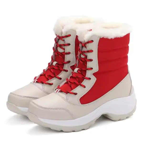 New Arrivals Waterproof Lace Up PU Upper Fur Lined Warm Women's Snow Boots—red uppers, white soles, beige accents, red laces, white faux fur lining. Available for OEM/ODM customization.