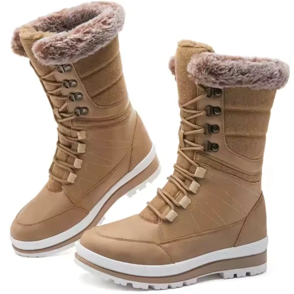 Winter Snow Boots Waterproof Outdoor Men's Winter Boots Platform Warm Boots for Men Women, tan with fur lining and lace-up fronts on thick white soles, shown side by side against a white background—suitable for OEM or ODM customization.