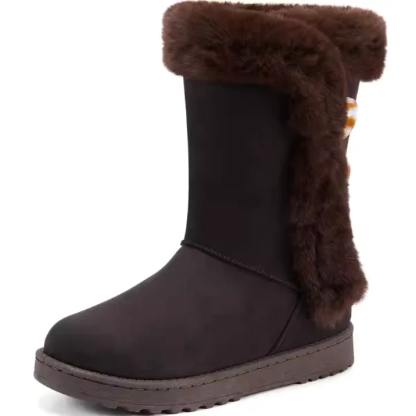 A single black Wholesale Winter Boot for Women with brown fur trim and flat sole, shown on a white background—waterproof, lightweight, warm, ideal for OEM and ODM orders.