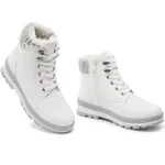 High-quality white leather winter lace-up boots with textured soles, side zippers, and gray faux fur trim—available for OEM and ODM customization. Wholesale customized snow boots for women and men.