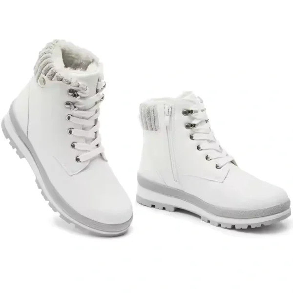 High-quality white leather winter lace-up boots with textured soles, side zippers, and gray faux fur trim—available for OEM and ODM customization. Wholesale customized snow boots for women and men.