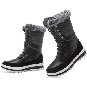 Winter Snow Boots: Waterproof, outdoor platform boots for men and women with thick white soles, gray faux fur lining, and lace-up fronts. OEM/ODM customization available.