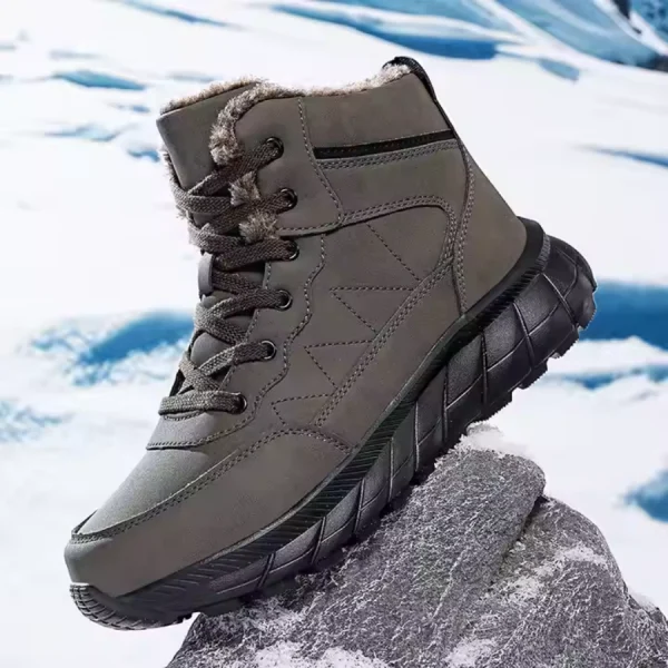 The High Quality 2024 Men Custom Lace up Ankle Snow Boots Shoes for Men are shown on a rock, with black laces and a thick black sole, set against a snowy landscape. OEM/ODM options available.