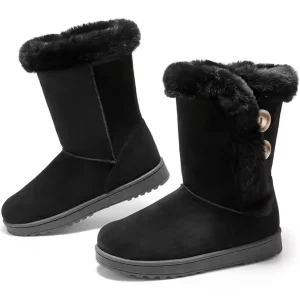 Hot Selling Winter Leather Boots Ankle Shoes for women with faux fur lining and side buttons, shown from side and angled views. Fashionable fur winter boots available for OEM/ODM customization.