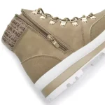 Close-up of 2025 Lightweight Hiking Boots—with side zipper, metal eyelets, knit collar, white sole—perfect for OEM/ODM customization and custom logo for men or ladies’ fashion winter snow platform heels.