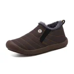 Custom Wholesale Autumn Winter Round Toe slip-on snow boots with a textured TPR sole, orange stitching, plush lining, and side logo—ideal for OEM/ODM customization for men and women.