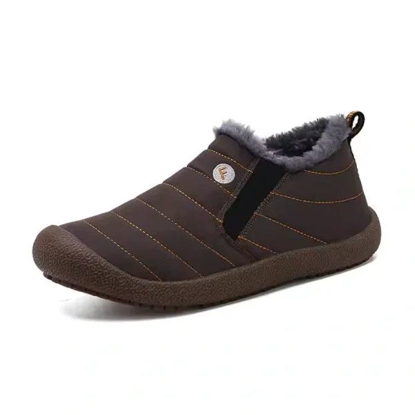 Custom Wholesale Autumn Winter Round Toe slip-on snow boots with a textured TPR sole, orange stitching, plush lining, and side logo—ideal for OEM/ODM customization for men and women.